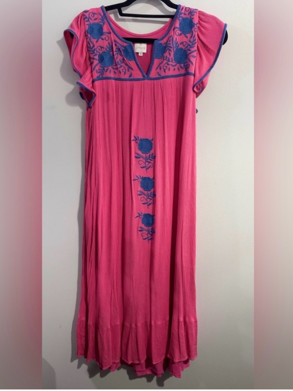 Pink Embroidered Maxi Dress with Blue Floral Accents